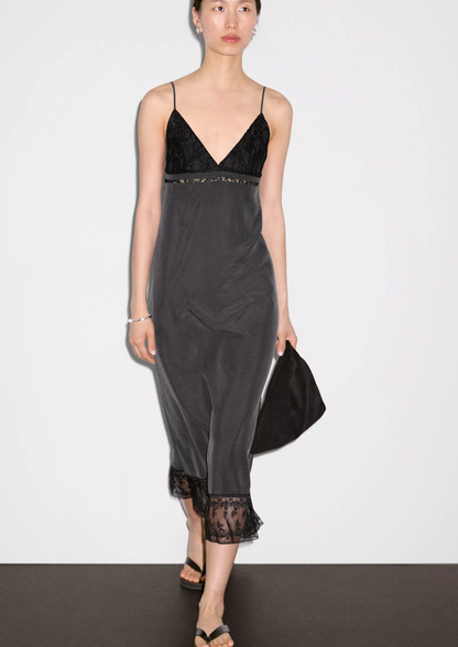 Massimo Dutti Grey Silk Slip Midi Dress XS
