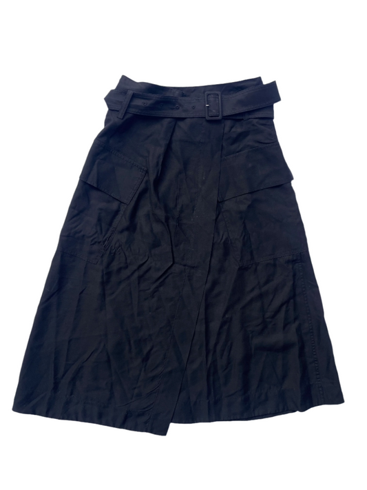VINCE Black Wrap Cotton Blend Midi Skirt Black 