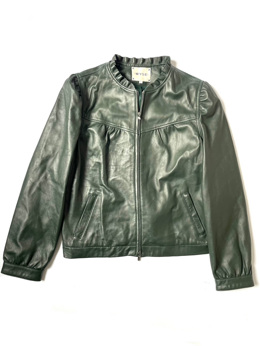 Wyse Green Leather Jacket with frill collar